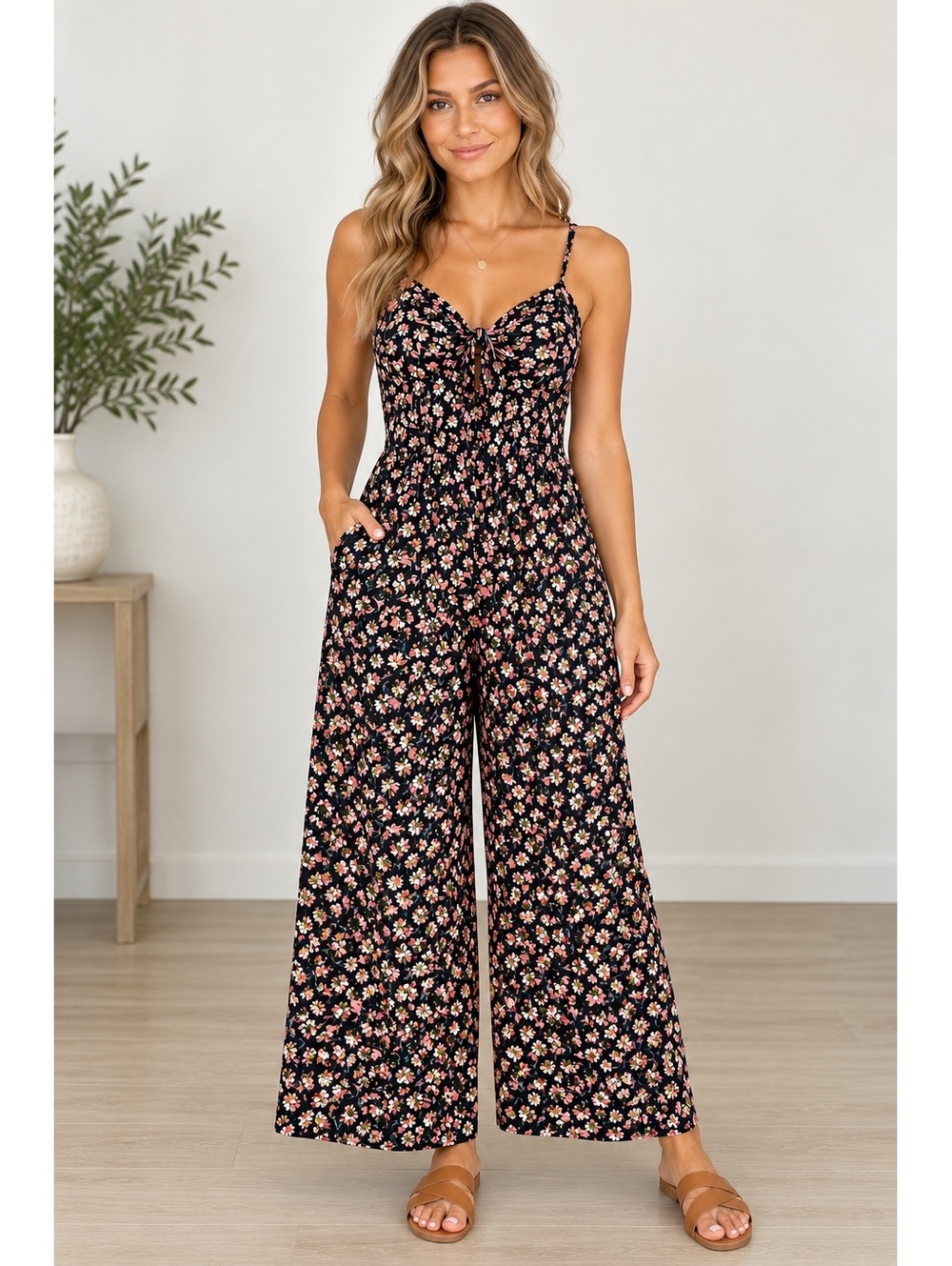 AUW Black Pink Floral Wide Leg Jumpsuit Size M Adjustable Straps
